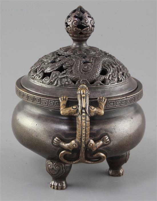 A Chinese bronze ding censer and cover, width 16cm